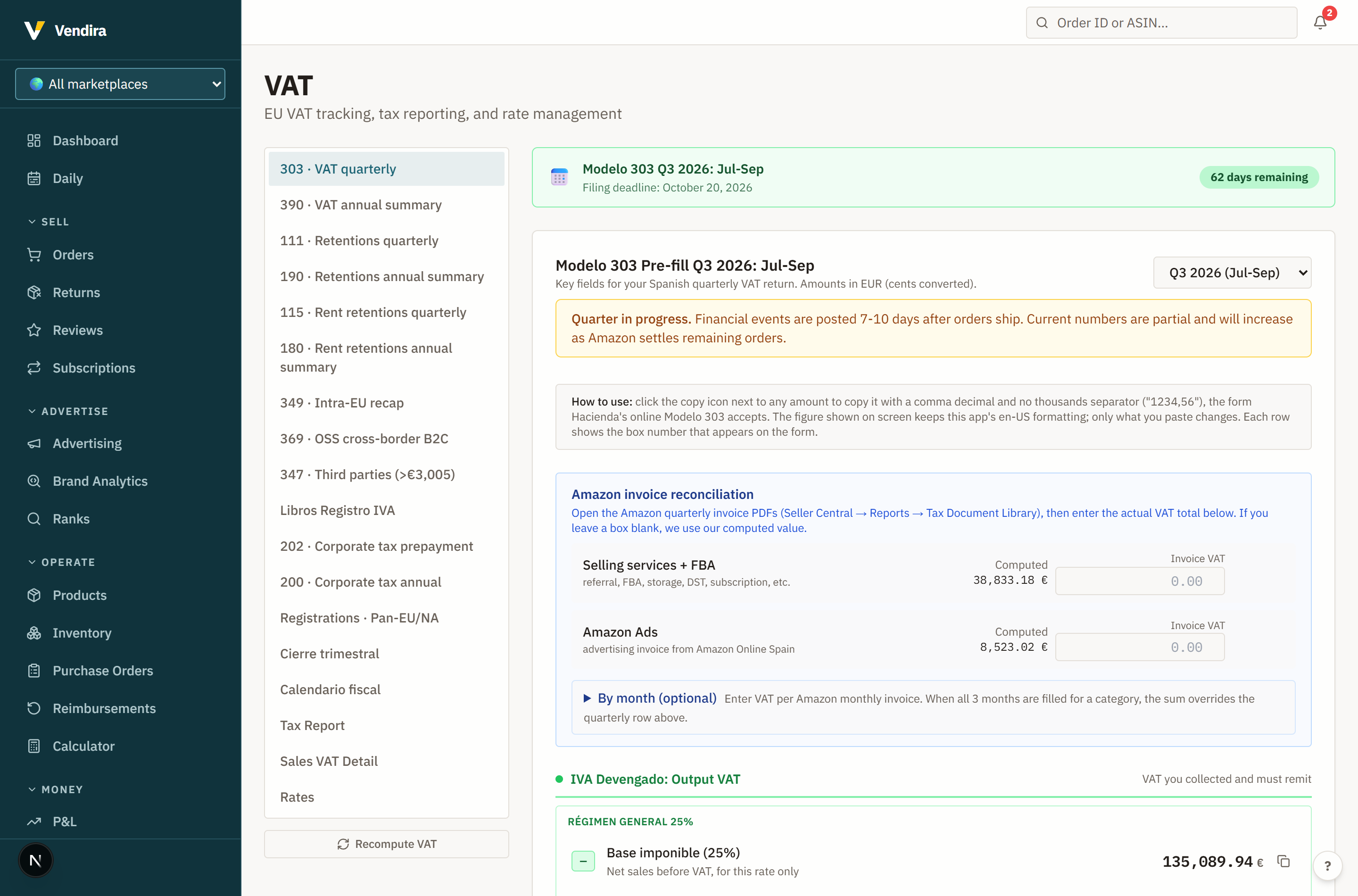 The tax section: a list of statutory returns down one side, and beside it a quarterly VAT return pre-filled for the period, showing the filing deadline and the computed VAT on Amazon's selling and advertising invoices.